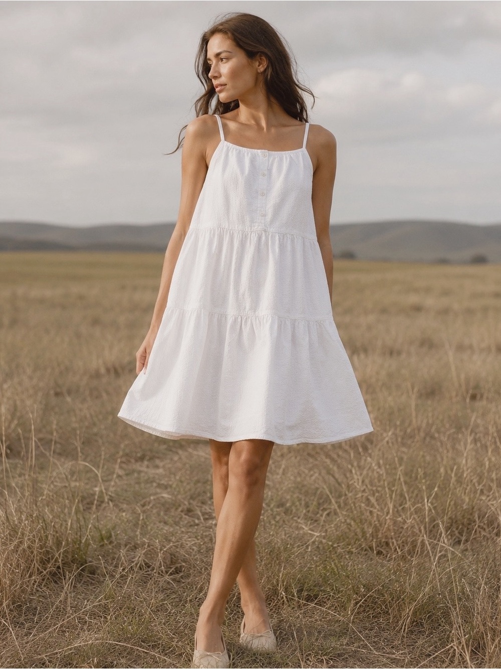 Uniqlo Woman White Textured Relax Spaghetti Strap Tiered Dress XS/S Babydoll
